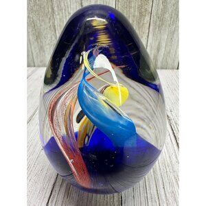 Vtg Art Glass Paperweight Aqua Blue Yellow Red Swirl Desk Decor Gift 4" Tall